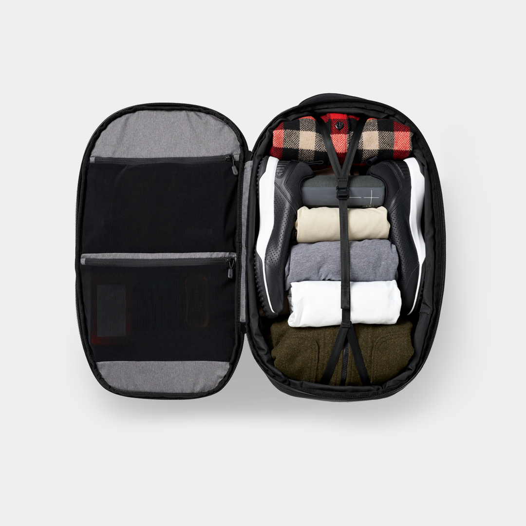 Gomatic Black Travel Backpack 32L Open Pocket Front View