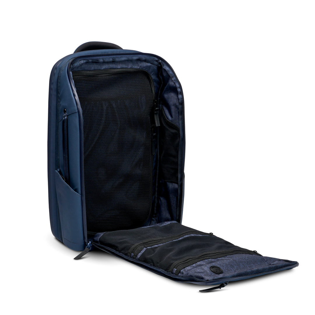 Gomatic Navy Travel Pack 14L Front Angle Laptop View#color_navy